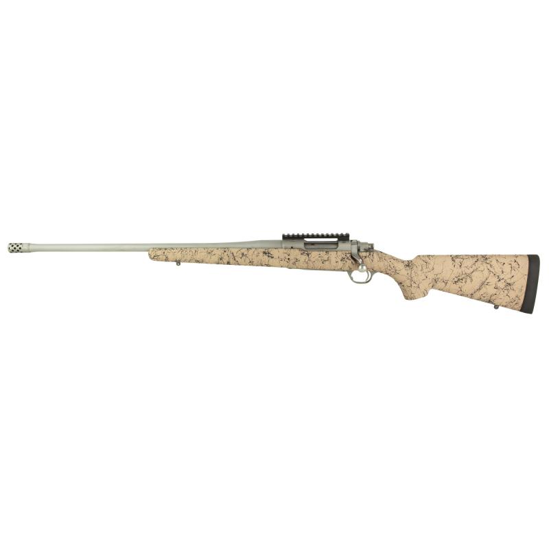 Hawkeye, FTW Hunter, Bolt Action Rifle, 308 Winchester, 22" Cold Hammer Forged Barrel, Threaded 5/8x24, Ruger Muzzle Brake System, Matte Stainless Finish, Silver, LC6 Trigger, 20 MOA Picatinny Rail, Pro Series HS Precision Tan/Black Synthetic Speckled St
