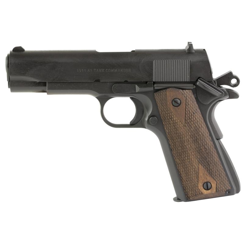 1911A1, Tank Commander, Single Action Only, Semi-automatic, Metal Frame Pistol, Commander, 45 ACP, 4.25" Barrel, Carbon Steel Frame, Cerakote Finish, Black, Checkered Wood Grips, Novak Style 3-Dot Sights, 7 Rounds, 2 Magazines 10100114