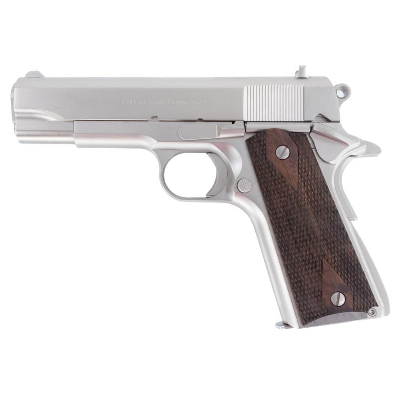 1911 Tank Commander, Single Action Only, Semi-automatic, Metal Frame Pistol, Commander, 45 ACP, 4.25" Barrel, Nickel Finish, Turkish Walnut Grips, Fixed Sights, 7 Rounds, 2 Magazines 10100115
