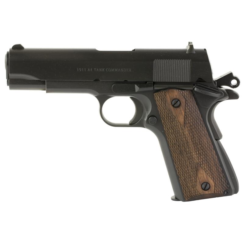 1911, Tank Commander, Single Action Only, Semi-automatic, Metal Frame Pistol, Commander, 9MM, 4.25" Barrel, Carbon Steel Frame, Cerakote Finish, Black, Checkered Wood Grips, Enhanced GI Style Sights, 9 Rounds, 2 Magazines 10100116