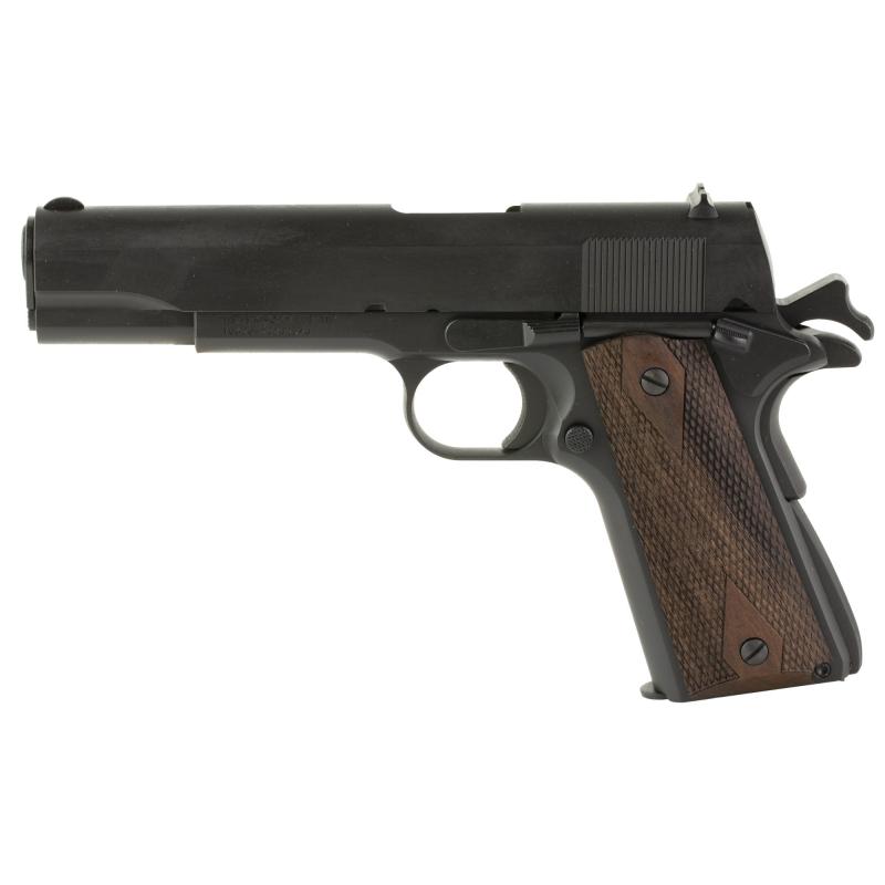 1911A1, US Army, Single Action Only, Semi-automatic, Metal Frame Pistol, Full Size, 45ACP, 5" Barrel, Carbon Steel Frame, Manganese Phosphate Finish, Black, Checkered Wood Grips, Iron Sights, 7 Rounds, 2 Magazines 10100539
