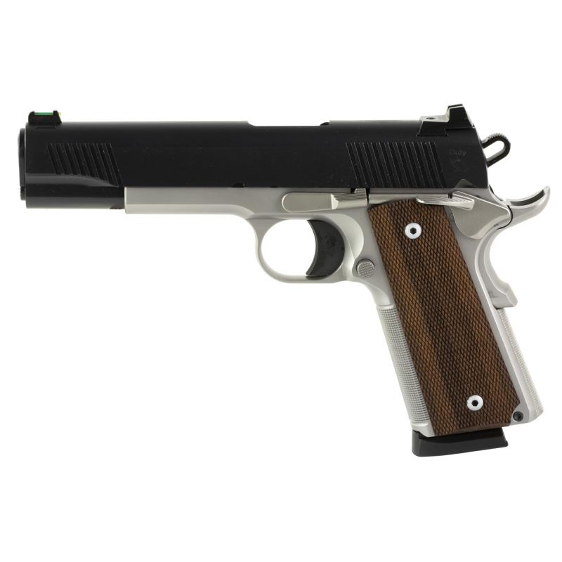 1911 Duty, Enhanced, Single Action Only, Semi-automatic, Metal Frame Pistol, Full Size, 45ACP, 5" Barrel, Stainless Steel Frame, Silver, Black Slide, Checkered Wood Grips, Fiber Optic Front Sight, 8 Rounds, 2 Magazines 10100551