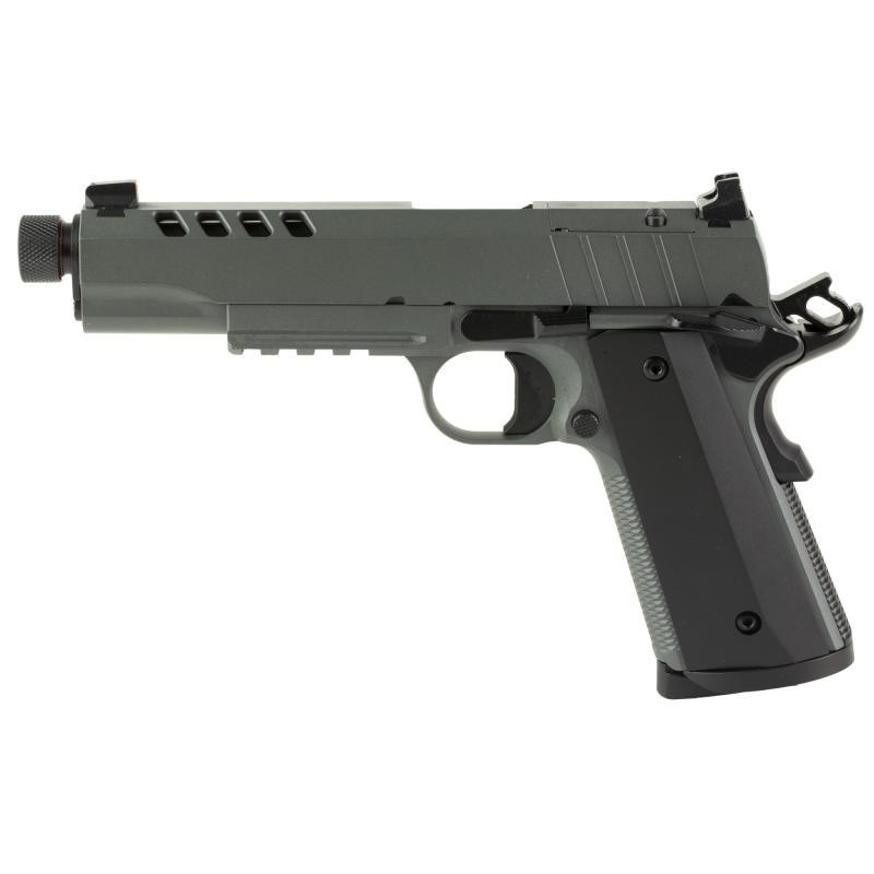 1911 Night Stalker SF, Single Action Only, Semi-automatic, Metal Frame Pistol, 45 ACP, 5.55" Threaded Barrel, Threaded .578x24 TPI, Cerakote Finish, Gray, Light Rail, Black Rear/ Tritium Orange Dot Front, 8 Rounds, 2 Magazines, Optic Ready 10100556