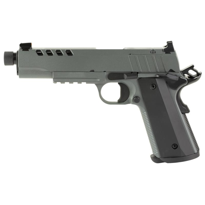 1911 Night Stalker SF, Single Action Only, Semi-automatic, Metal Frame Pistol, 9MM, 5.55" Threaded Barrel, Threaded 1/2x28, Cerakote Finish, Gray, Light Rail, Black Rear/ Tritium Orange Dot Front, 10 Rounds, 2 Magazines, Optic Ready 10100557