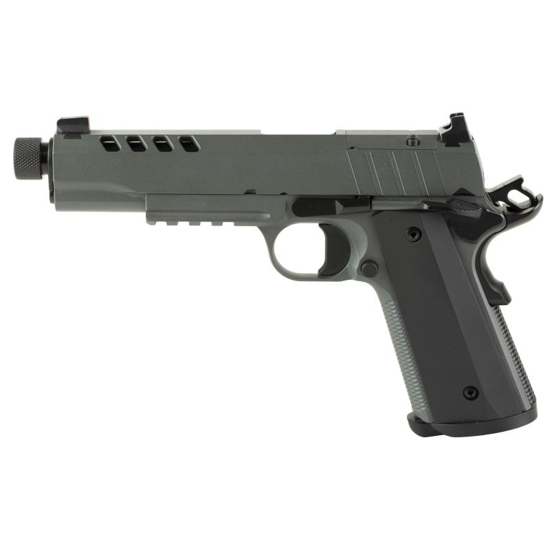 1911 Night Stalker SF, Single Action Only, Semi-automatic, Metal Frame Pistol, 10MM, 5.55" Threaded Barrel, Threaded .578X24 TPI, Cerakote Finish, Gray, Light Rail, Black Rear/ Tritium Orange Dot Front, 8 Rounds, 2 Magazines, Optic Ready 10100558