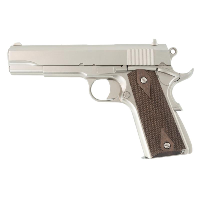 1911 A1 Stakeout, Semi-automatic, Metal Frame Pistol, Full Size, 9MM, 5" Barrel, Steel Frame, Nickel Finish, Silver, Walnut Grips, Fixed Sights, Thumb Safety, 9 Rounds, Includes 38 Super Barrel 10100562