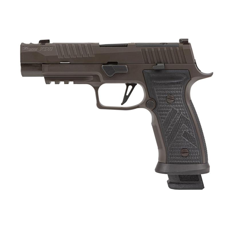 P320, AXG Legion, Striker Fired, Semi-automatic, Metal Framed Pistol, Full Size, 9MM, 3.9", Two Port Slide Integrated Expansion Chamber, Cerakote Finish, Legion Gray, AXG Modular Grip, Hogue Custom G10 Grips, X Series Flat Skeletonized Trigger, XRay Day/