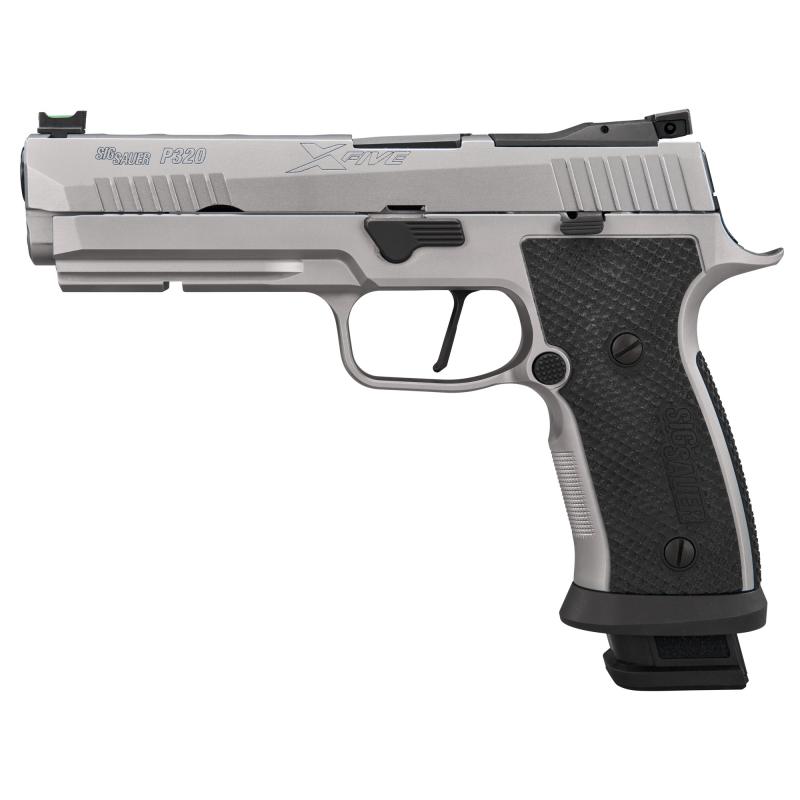 P320 XFIVE SXG, Semi-automatic, Striker Fired, Polymer Frame Pistol, Full Size, 9MM, 5" Barrel, Cerakote Finish, Silver, SXG G10 Grips, Fiber Optic Front and Adjustable Rear Sights, Optics Ready, 21 Rounds, 3 Magazines 320SXG5-9-STAS