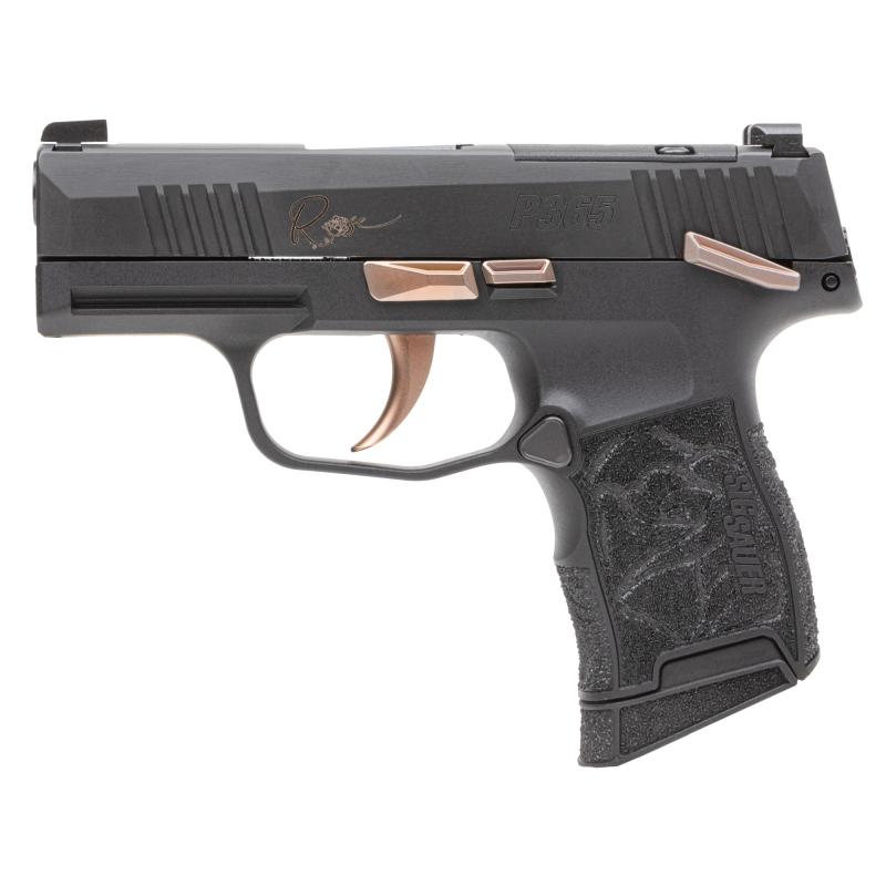 P365 Rose |380 ACP, 3.1" Barrel, Nitron Finish, Black with Rose Gold Controls and Engraving, SIGLITE Day/Night Sights, 10 Rounds, 2 Magazines, Optics Ready, Includes Rose Laser Engraved Grip