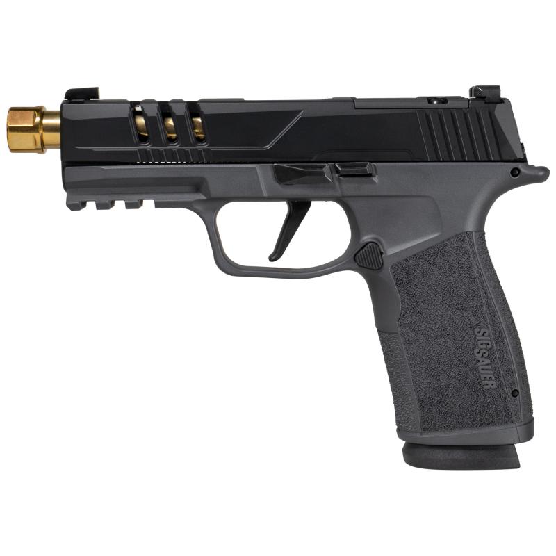 P365, XMacro, Striker Fired, Semi-automatic, Polymer Framed Pistol, Sub-Compact, 9MM, Gold Zaffiri Threaded 4.3" Barrel, Cerakote Finish, Black Slide, Grey Frame, XRAY3 Day/Night Sights, Optic Ready, 17 Rounds, 2 Magazines 365XCA-9-BLKGLD-SCT