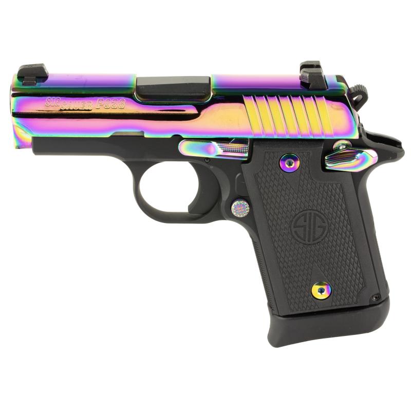 P938, Semi-automatic, Single Action Only, Sub-Compact, 9MM, 3" Barrel, Night Sights, PVD Finish, Rainbow Slide, Black Frame, 1 Magazine, 7 Rounds 938-9-RBT2-AMBI