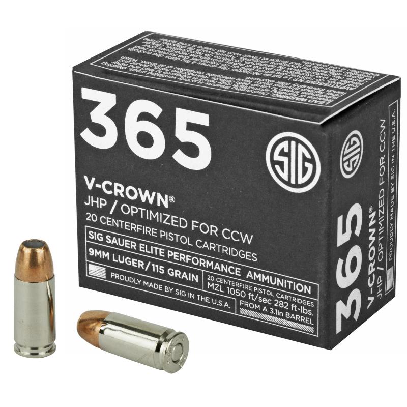 Elite Performance V-Crown 365 |9MM, 115 Grain, Jacketed Hollow Point, Designed for Short Barrel Pistols, Low Recoil, 20 Round Box E9MMA1-365-20