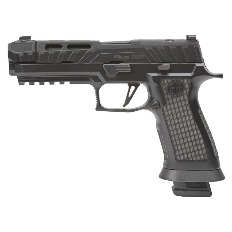 P320 Spectre Comp Blackout |9mm, 4.6" Barrel, XRay3 Night Sights, Optics Ready, Laser Engraved Blackout Cerakote Tungsten XSeries Grip Module, Threaded Barrel w/ Compensator, X-Series Flat Trigger, Magwell, 21 Rounds, 2 Magazines P320V004