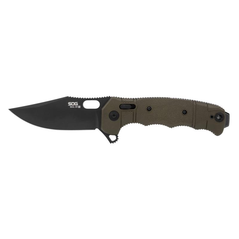 Seal XR, L-TI, Folding Knife, 4.3" Drop Point Straight Edge, GFN Handle, Black, PVD Finish, MagnaCut Steel, Includes (2) Additional Handles, Olive Drab Green and Gray SOG-12-21-13-57