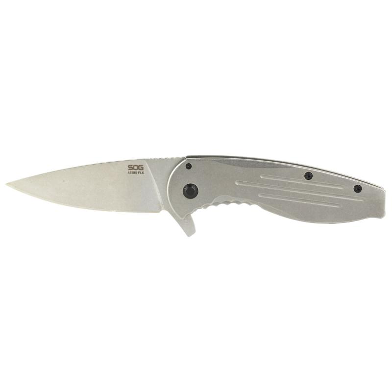 Aegis FLK, 3.4" Folding Knife, Clip Point Straight Edge, Stainless Steel Handle, 8Cr13MoV Steel, Satin Finish, Silver SOG-14-41-02-42