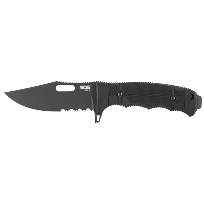 Seal FX, 4.3" Fixed Blade Knife, Clip Point Partially Serrated Edge, Glass Reinforced Handle, CPM S35VN Steel, Cerakote Finish, Black, Includes Kydex Sheath SOG-17-21-01-57