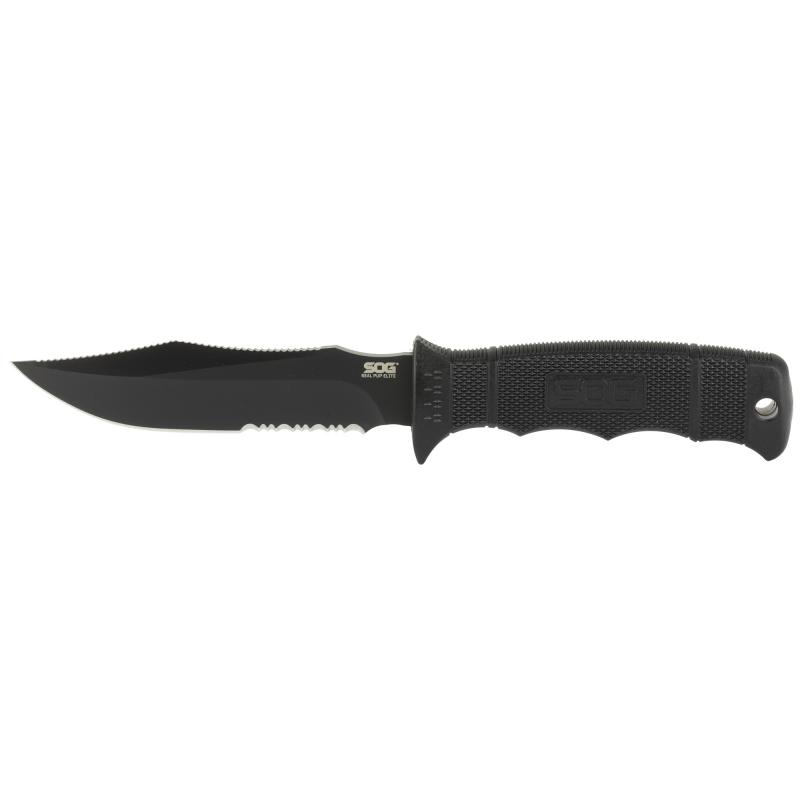 Seal Pup, Elite, Fixed Blade Knife, 4.85" Clip Point Partially Serrated Edge, Black Glass-Reinforced Nylon Handle, AUS-8 Steel, Hardcased Finish, Black, Includes Kydex Sheath SOG-E37T-K