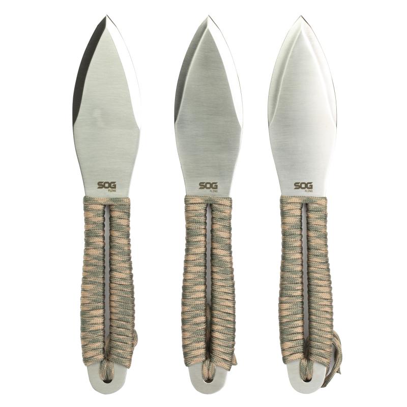 Fling, Throwing Knife, 4.4" Straight Edge Spear Point, Green and Tan Paracord Handle, 3Cr13 Steel, Satin Finish, Silver, Includes Nylon Sheath, 3 Pack SOG-FX41N-CP