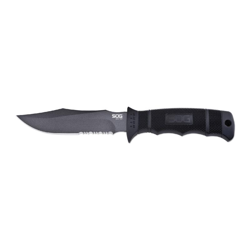 Seal Pup, Fixed Blade Knife, 4.75" Partially Serrated, Clip Point, Black Glass Reinforced Nylon Handle, AUS-8 Steel, Hardcased Finish, Black, Includes Nylon Sheath SOG-M37N-CP