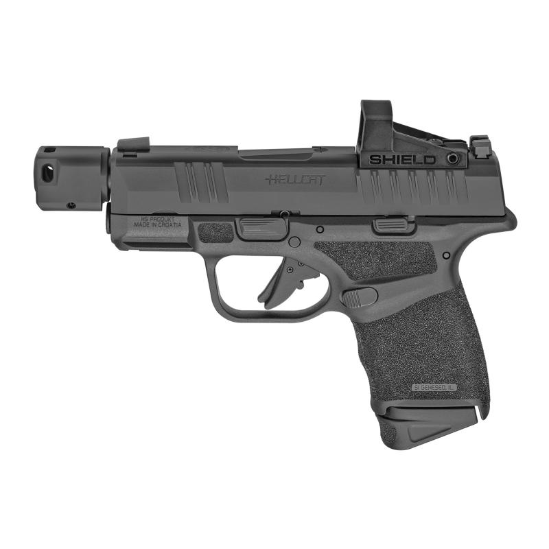 Hellcat RDP, Semi-automatic, Striker Fired, Micro Compact, 9MM, 3.8" Barrel with Compensator, Black Melonite Finish, Shield SMSc Reflex Sight, Front Tritium Night Sight, Tactical Rack U-Notch Rear Sight, 1-13Rd Magazine, 1-11Rd Magazine, Optics Ready HC9