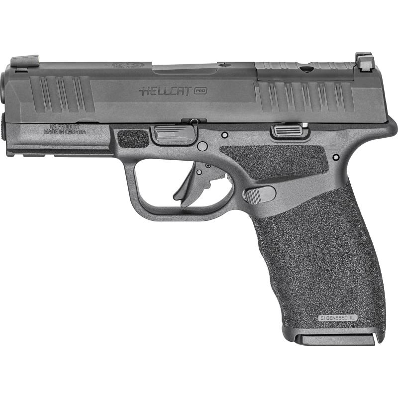 Hellcat Pro, Striker Fired, Semi-automatic, Polymer Frame Pistol, 9MM, 3.7" Hammer Forged Barrel, Melonite Finish, Black Polymer Frame, Textured Grip, Manual Thumb Safety, Tritium Front Sight, Tactical Rack Rear Sight, 15 Rounds, 2 Magazines HCP9379BOSPM