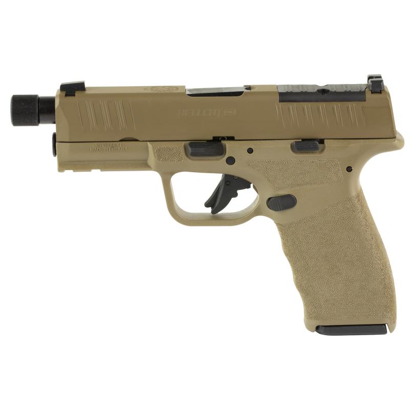 Hellcat Pro OSP, Striker Fired, Semi-automatic, Polymer Frame Pistol, 9MM, 4.4" Hammer Forged Barrel, Threaded 1/2x28, Optics Ready Slide, Cerakote Finish, Desert Flat Dark Earth, Textured Grip, Tritium Front Sight, Tactical Rack U-Notch Rear Sight, 10 R
