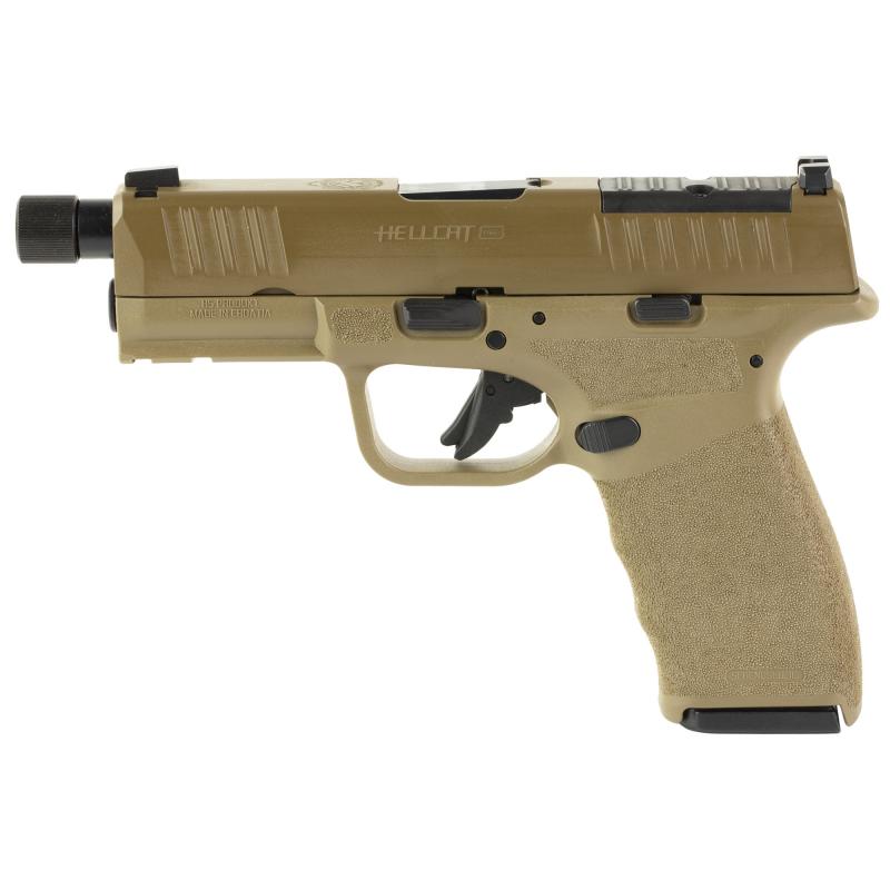 Hellcat Pro OSP, Striker Fired, Semi-automatic, Polymer Frame Pistol, 9MM, 4.4" Hammer Forged Barrel, Threaded 1/2x28, Optics Ready Slide, Cerakote Finish, Desert Flat Dark Earth, Textured Grip, Tritium Front Sight, Tactical Rack U-Notch Rear Sight, 2 Ma