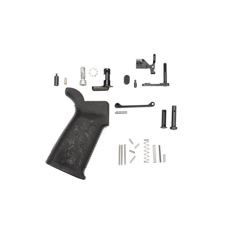 Lower Receiver Parts Kit, Without Fire Control Group/Trigger Group, Includes Safety Selector, Bolt Catch, Magazine catch, Billet Magazine Catch Button, Front Pivot Pin, Rear Take Down Pin, Aluminum Trigger Guard w/Spring Loaded Detent, Bolt Catch Spring,