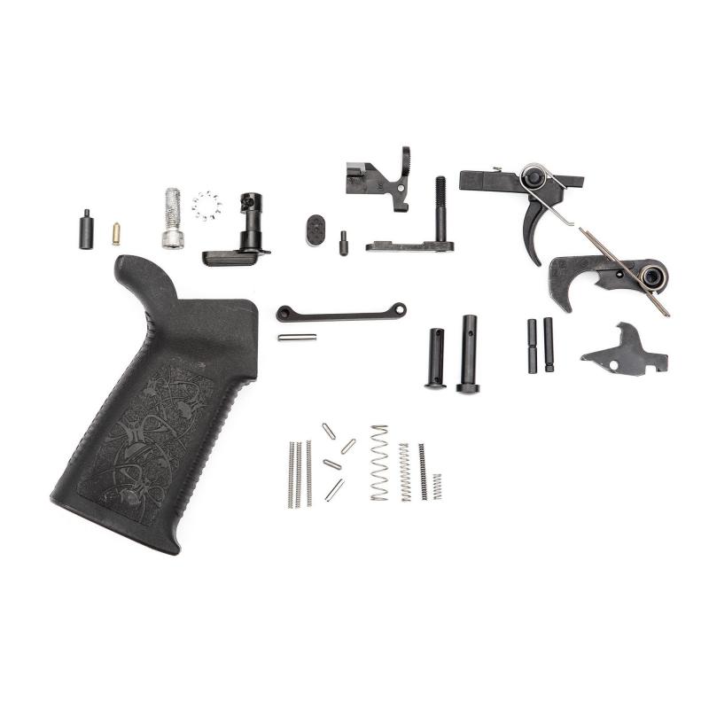 Lower Receiver Parts Kit Standard, 223 Rem/556NATO, Rounded Hammerand Hammer Spring, Trigger and Trigger Spring, Disconnector and Disconnector Spring, Safety Selector, Detent, Spring, Bolt Catch, Roll Pin, Plunger, Magazine Catch, Trigger Guard, A2 Pisto