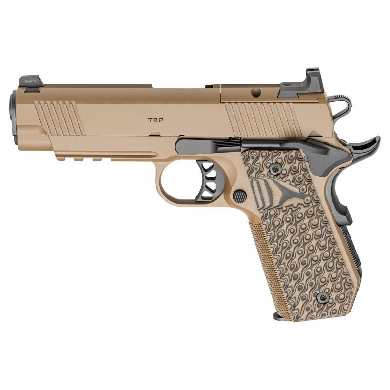 Tactical Response Pistol, Carry Contour, Semi-automatic, 1911, Metal Frame Pistol with Rail, Commander Size, 45 ACP, 4.25" Match Grade Barrel, Cerakote Finish, Coyote Brown, AOS Optic Cut, VZ Grips Hydra G10 Grips, Front Tritium and Black Rear Sight, 7 R
