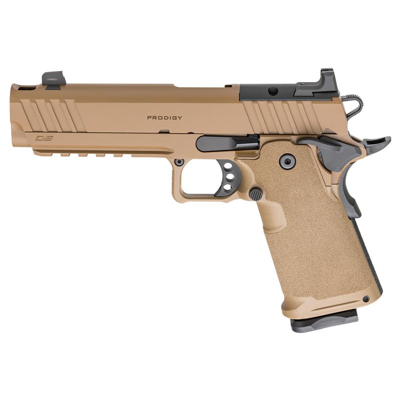 1911 DS Prodigy Comp, Semi-automatic, Metal FramePistol, Full Size, 9MM, 5" Forged Stainless Steel Bull Barrel, Forged Carbon Steel Frame, Cerakote Finish, Coyote Brown, Polymer Grips, Tritium Front and Black Serrated Rear Sights, Optics Ready, Ambidextr