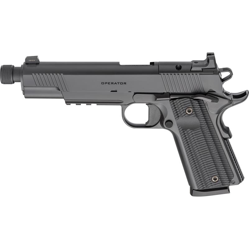 Operator AOS, 1911, Single Action Only, Semi-automatic, Metal Frame Pistol, Full Size, 45ACP, 5.75" Barrel, Threaded .578X28, Cerakote Finish, Black, Optics Ready Slide, VZ G10 Grips, Tritium Front Sight, Serrated Black Rear Sight, Ambidextrous Thumb Saf