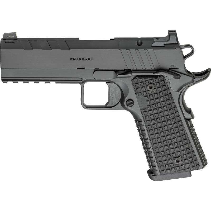 Emissary AOS, 1911, Single Action Only, Semi-automatic, Commander Size, 9MM, 4.25" Match Grade Bull Barrel, Stainless Steel Frame and Carbon Steel Slide, Cerakote Finish, Black, Optics Ready, VZ GripsThin-Line G10, Manual Thumb Safety, Tritium/Luminsesce
