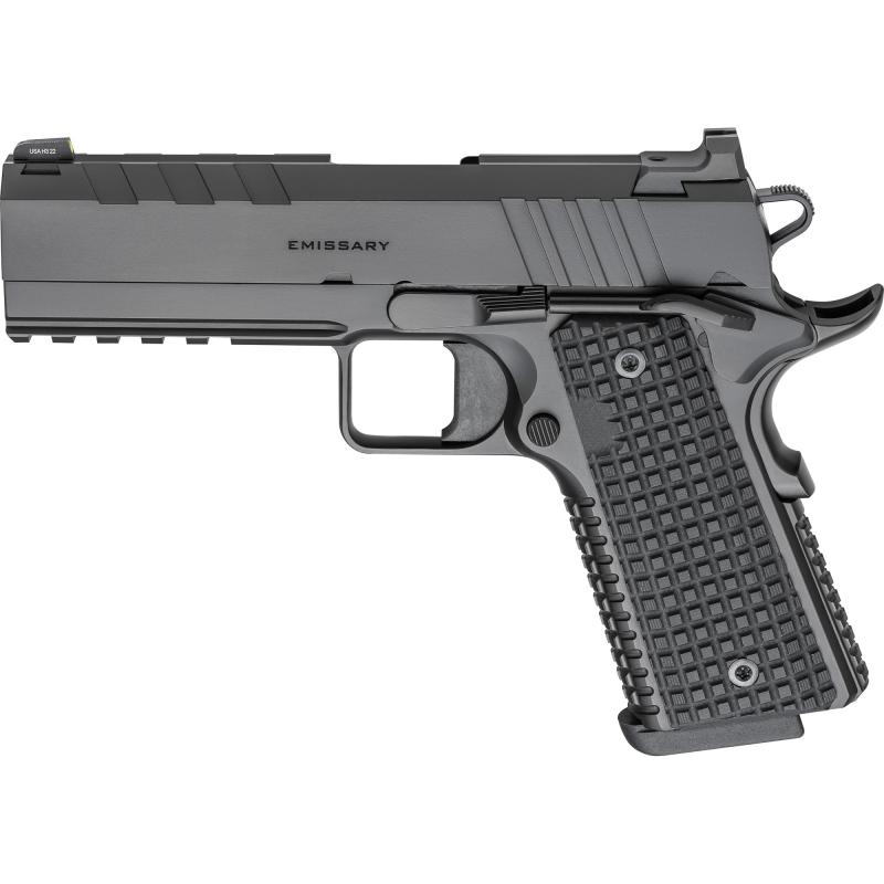 Emissary, 1911, Single Action Only, Semi-automatic, Commander Size, 9MM, 4.25" Match Grade Bull Barrel, Stainless Steel Frame and Carbon Steel Slide, Cerakote Finish, Black, VZ Grips Thin-Line G10, Manual Thumb Safety, Tritium/Luminescent Front Sight, Ta
