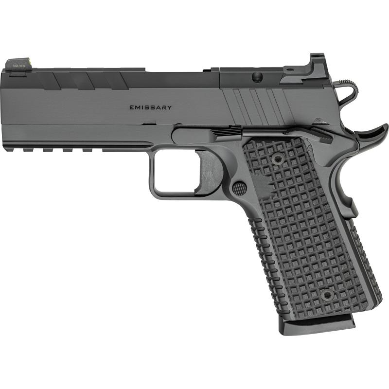 Emissary AOS, 1911, Single Action Only, Semi-Automatic, Commander Size, 45 ACP, 4.25" Match Grade Barrel, Stainless Steel Frame and Carbon Steel Slide, Cerakote Finish, Black, Optics Ready, VZ Grips Thin-Line G10, Manual Thumb Safety, Tritium/Luminescent