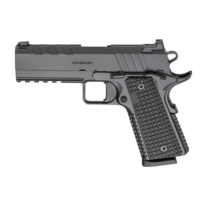 Emissary, 1911, Single Action Only, Semi-automatic, Commander Size, 45 ACP, 4.25" Match Grade Bull Barrel, Stainless Steel Frame and Carbon Steel Slide, Cerakote Finish, Black, VZ Grips Thin-Line G10, Manual Thumb Safety, Tritium/Luminescent Front Sight,