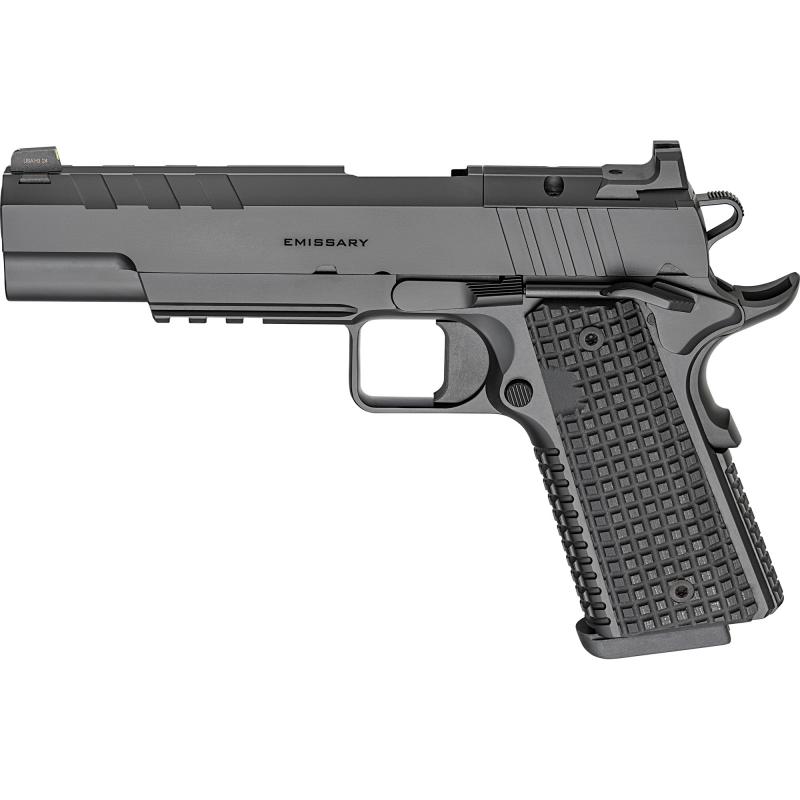 Emissary AOS, 1911, Single Action Only, Semi-automatic, Full Size, 9MM, 5" Match Grade Bull Barrel, Stainless Steel Frame and Carbon Steel Slide, Cerakote Finish, Black, Optics Ready, VZ Grips Thin-Line G10, Manual Thumb Safety, Tritium/Luminescent Front