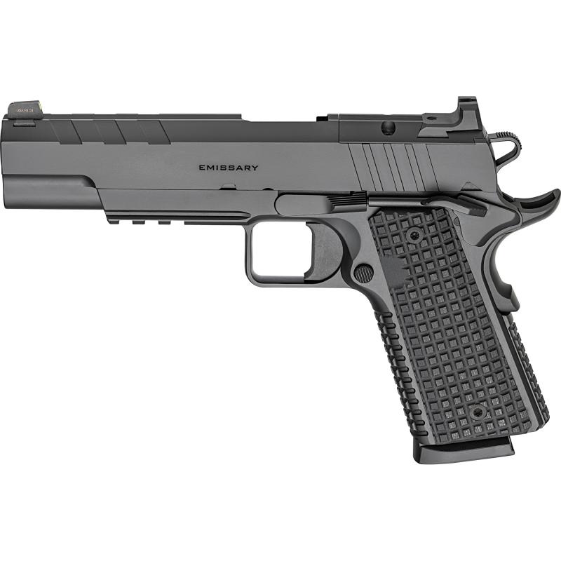 Emissary AOS, 1911, Single Action Only, Semi-automatic, Full Size, 45 ACP, 5" Match Grade Bull Barrel, Stainless Steel Frame and Carbon Steel Slide, Cerakote Finish, Black, Optics Ready, VA Grips Thin-Line G10, Manual Thumb Safety, Tritium/Luminescent Fr