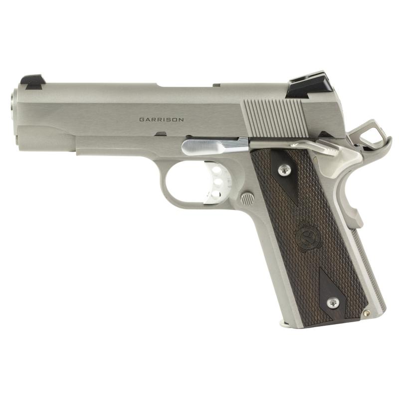 Garrison, 1911, Single Action Only, Semi-automatic, Metal Frame Pistol, Commander Size, 9MM, 4.25" Match Grade Barrel, Stainless Finish, Silver, Wood Grips, 3-Dot Combat Sights, Manual Thumb Safety, Grip Safety, 9 Rounds, 1 Magazine PX9417S