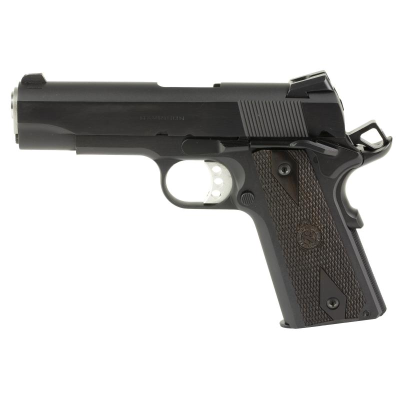 Garrison, 1911, Single Action Only, Semi-automatic, Metal Frame Pistol, Commander Size, 45 ACP, 4.25" Match Grade Barrel, Steel, Blued Finish, Black, Thinline Wood Grips, Low Profile Combat 3 Dot Sights, Grip Safety, 7 Rounds, 1 Magazine PX9418