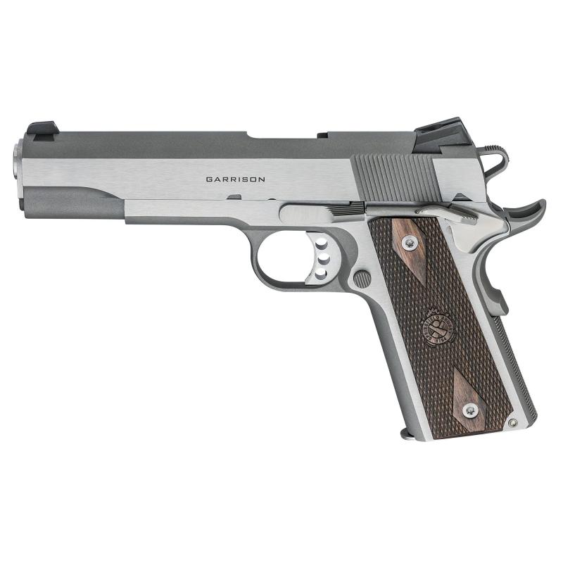 Garrison, 1911, Single Action Only, Semi-automatic, Metal Frame Pistol, Full Size, 45 ACP, 5" Match Grade Barrel, Steel, Stainless Steel Finish, Silver, Thinline Wood Grips, Low Profile Combat 3 Dot Sights, Grip Safety, 7 Rounds, 1 Magazine PX9420S