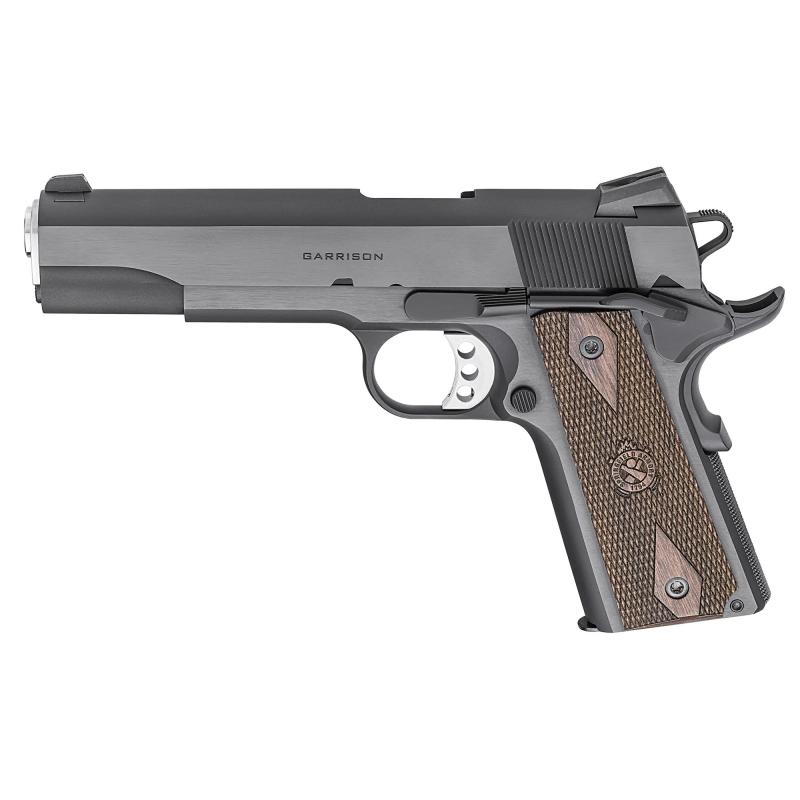 Garrison, 1911, Single Action Only, Semi-automatic, Metal Frame Pistol, Full Size, 45 ACP, 5" Match Grade Barrel, Steel, Blued Finish, Black, Thinline Wood Grips, Low Profile Combat 3 Dot Sights, Grip Safety, 7 Rounds, 1 Magazine PX9420