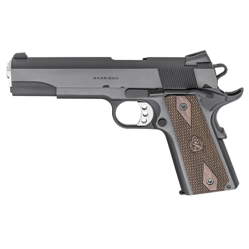 Garrison, 1911, Single Action Only, Semi-automatic, Metal Frame Pistol, Full Size| 45 ACP, 5" Match Grade Barrel, Steel, Blued Finish, Black, Thinline Wood Grips, Low Profile Combat 3 Dot Sights, Grip Safety, 7 Rounds, 1 Magazine PX9420