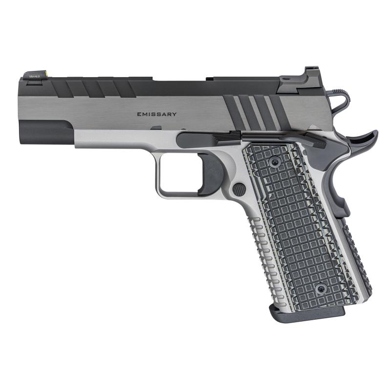 Emissary, 1911, Single Action Only, Semi-automatic, Commander Size, 9MM, 4.25" Match Grade BullBarrel, Stainless Steel Frame and Carbon Steel Slide, Blued Finish, Black Slide, Silver Frame, VZ Grips Thin-Line G10, Manual Thumb Safety, Tritium/Luminescent