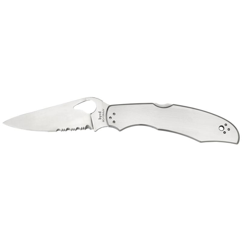 Byrd, Cara Cara2, 3.875" Folding Knife, Clip Point, Combo Edge, 8Cr13MoV/Satin, Stainless, Oval Thumb Hole/Pocket Clip BY03PS2
