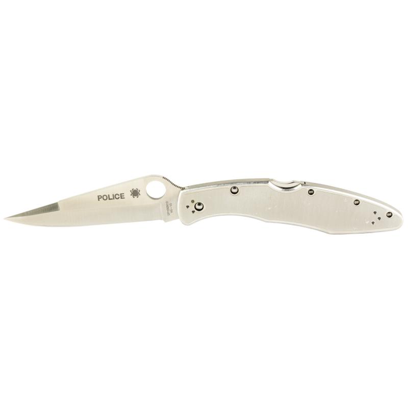 Police, 4.125" Folding Knife, Clip Point, Plain Edge, VG10/Satin, Stainless, Circle Thumb Hole/Pocket Clip C07P