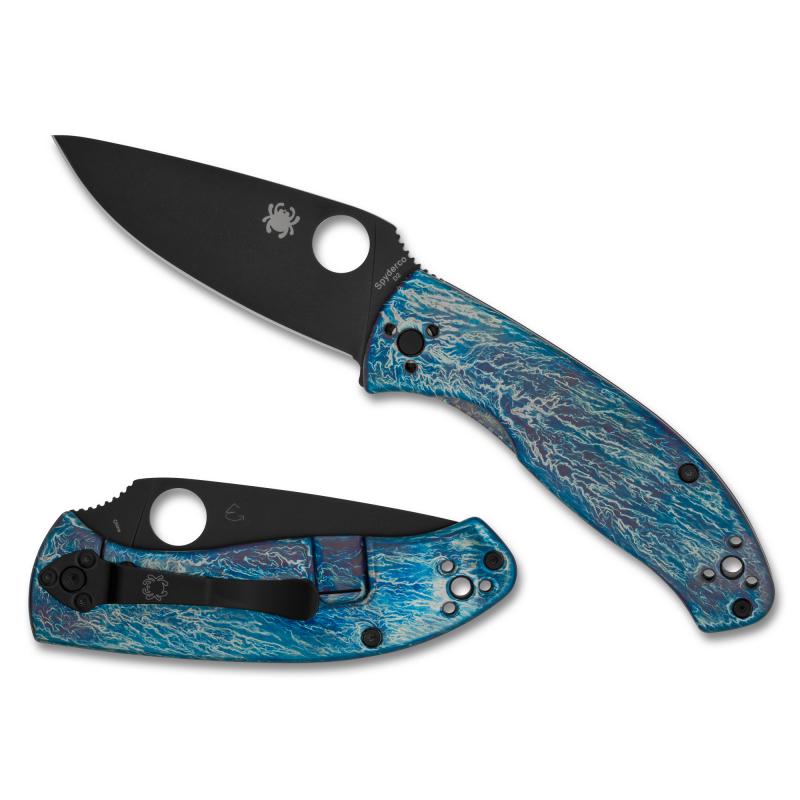Tenacious, Folding Knife, 3.35" Drop Point Blade, D-2 Blade Steel, 7.74" Overall Length, R.I.L. Lock, Black Oxide Finish, Black Blade, Blue Titanium Handle with Disarray Finish C122TIBLBKD2P