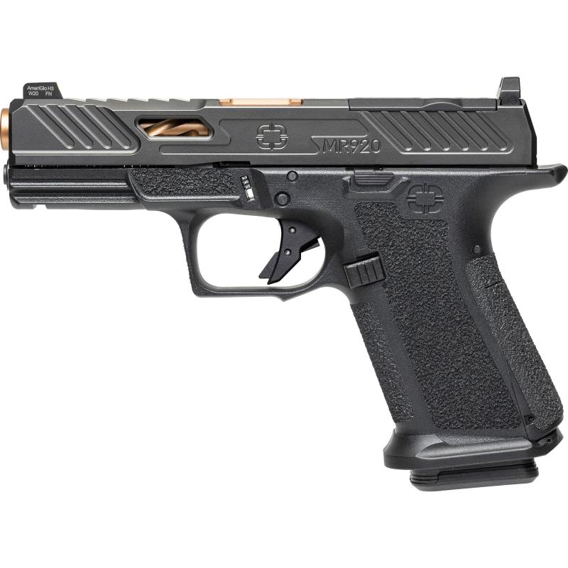 MR920 Elite, Striker Fired, Semi-automatic, Polymer Frame Pistol, Compact, Massachusetts Compliant, 9MM, 4" Bronze Spiral and Fluted Barrel, Nitride Finish Elite Slide, Black, Optics Ready, Flat Faced Trigger, Trigger Safety, Tritium Front Night Sight, 1