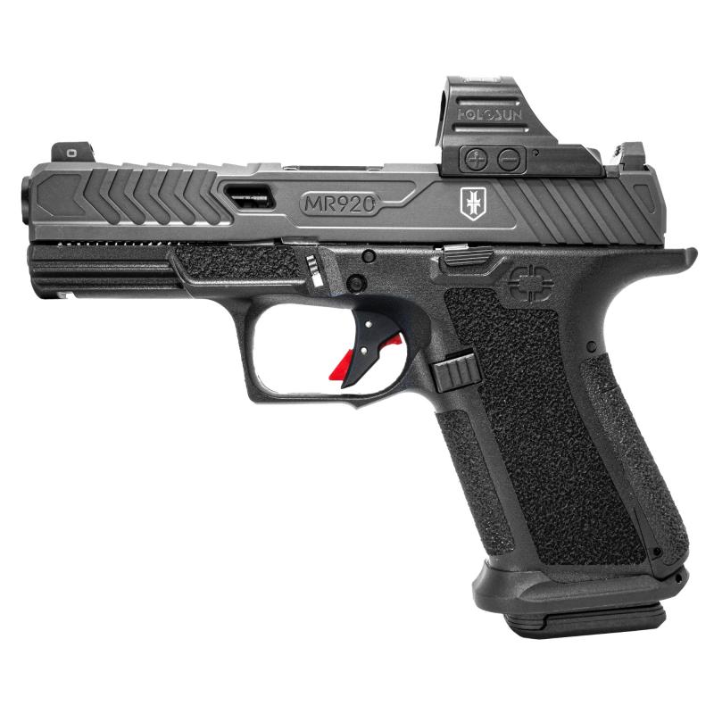 MR920 War Poet Edition, Semi-automatic, Polymer Frame Pistol, Compact, 9MM, 4" Spiral Fluted Barrel, Nitride Finish Slide, Black, Holosun 507c Red Dot, Trigger Safety, Front Tritium Night Sight, 15 Rounds, 2 Magazines, Includes (3) Backstraps, Backstrap
