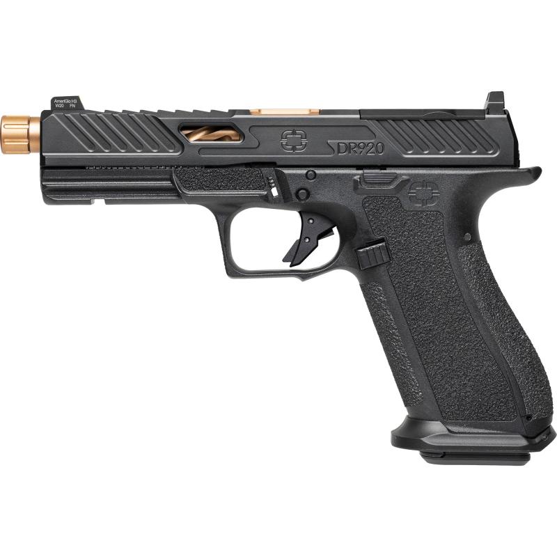 DR920, 9mm, Black Frame, Elite Slide Optic Black, Spiral Threaded Barrel Bronze, SS Rod, Grn Trit